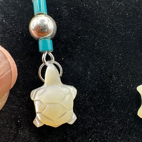 2.25" Revived mother of pearl turtle, turquoise and heishi beaded earrings! - Picture 12 of 12